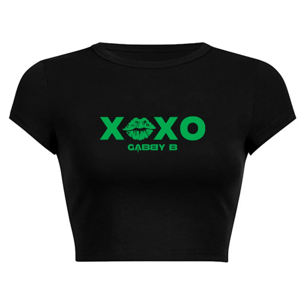 Women's Round Neck Black/Green "XOXO" Short T-Shirt
