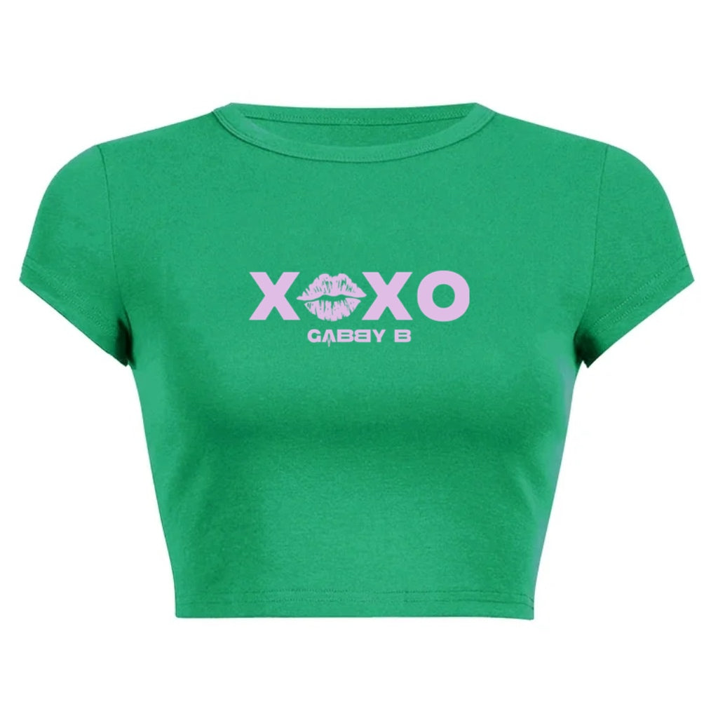Women's Round Neck Green/Pink "XOXO" Short T-Shirt
