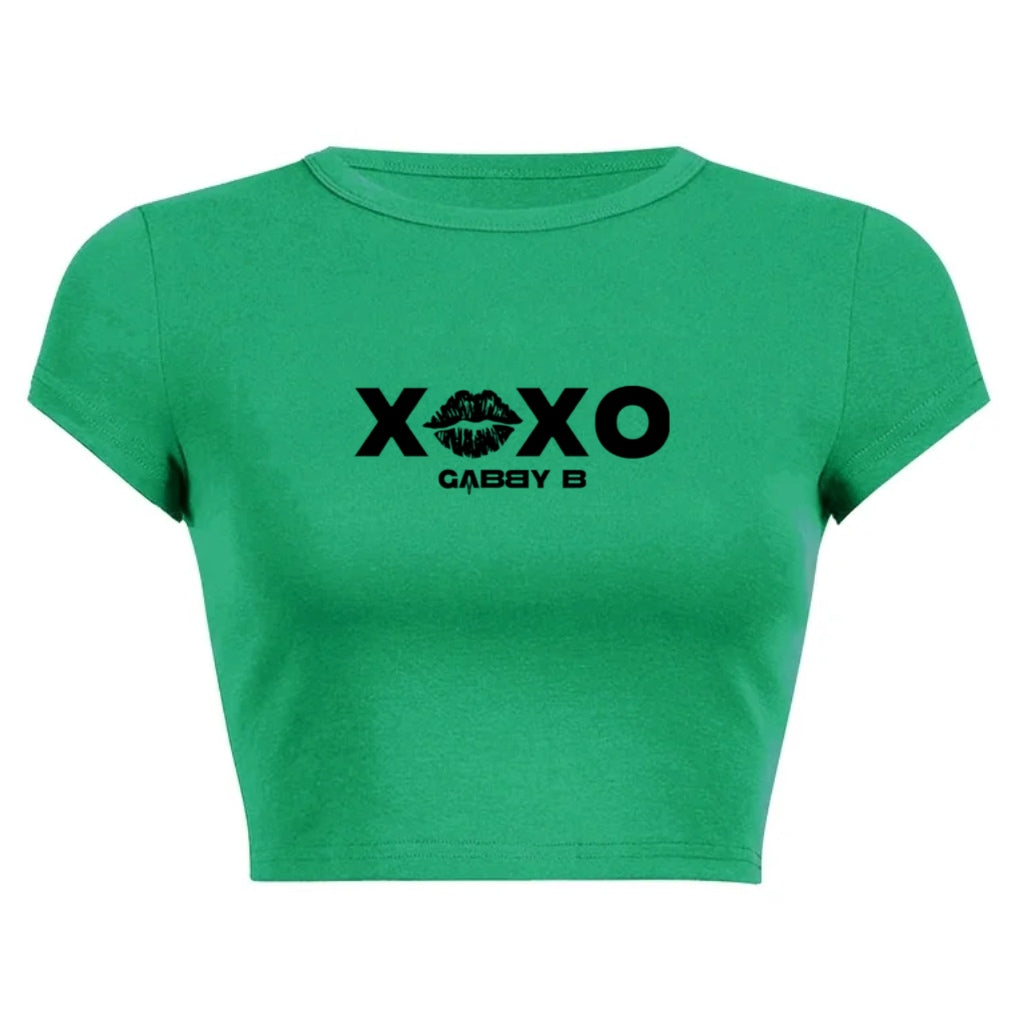 Women's Round Neck Green/Black "XOXO" Short T-Shirt